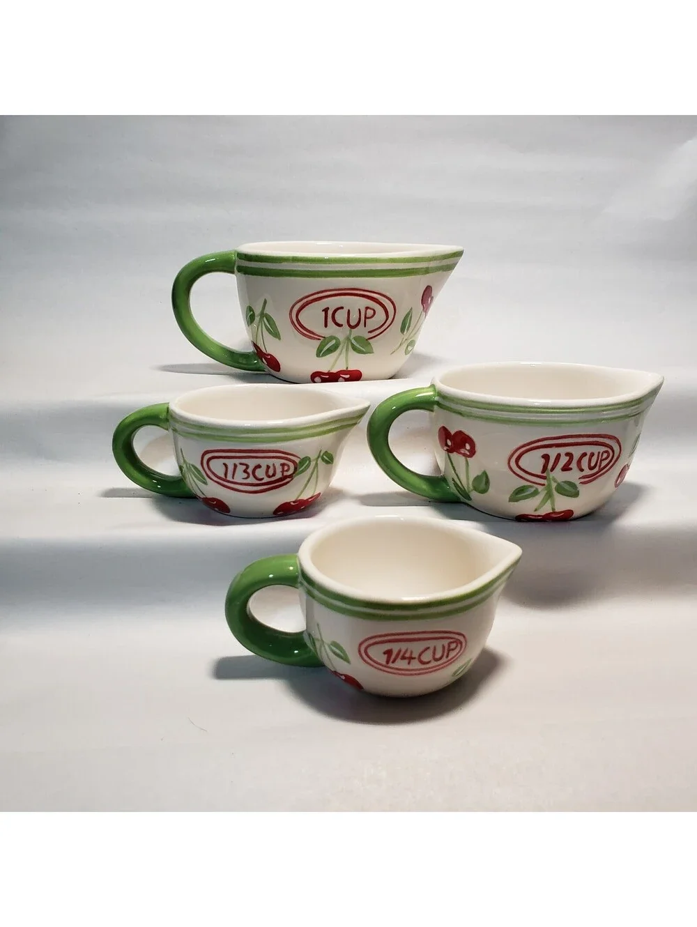 Pier 1 Imports Measuring Cup Set Cherries Ceramic 4 piece Kitchen Green Red